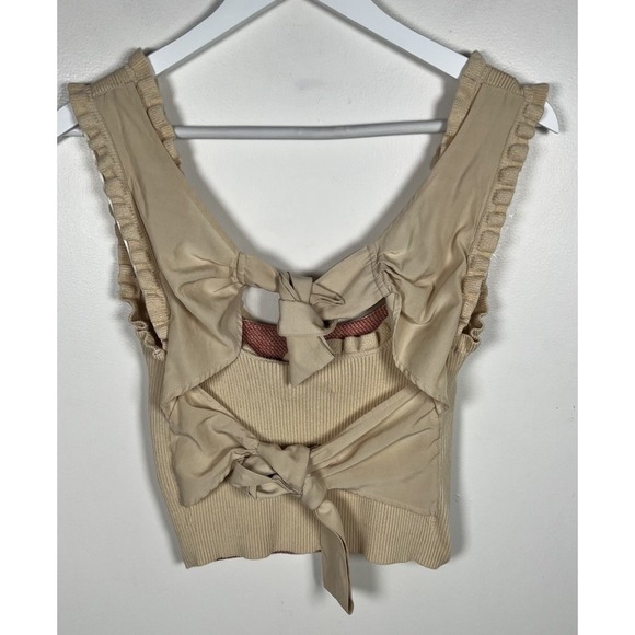 ANTHROPOLOGIE Medium Bow-Back Tan Rose Ruffled Sleeveless Ribbed Sweater Tank - Picture 4 of 9